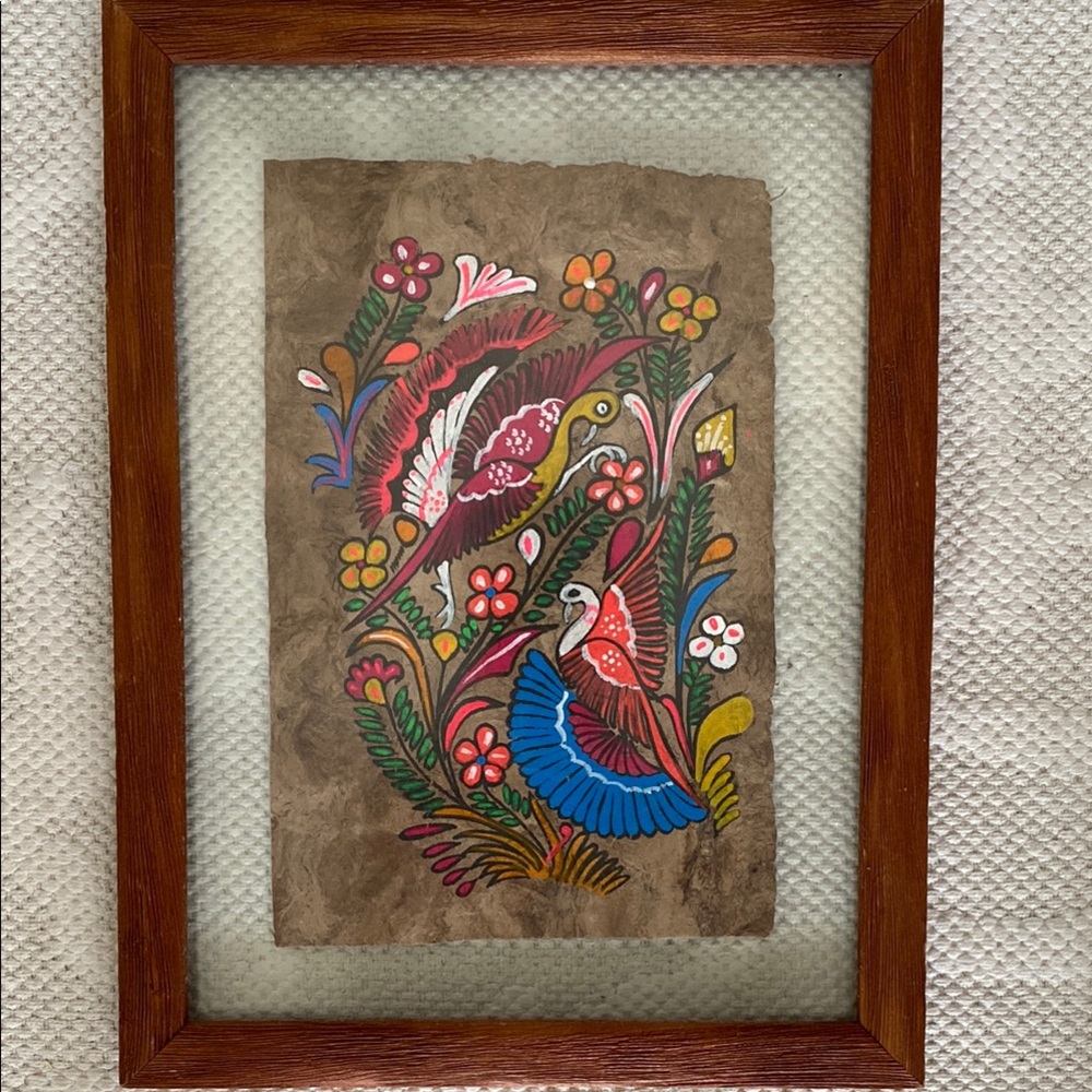 Original Hand Painted Mexican Amate/Paper Bark Colorful Framed Bird Artwork